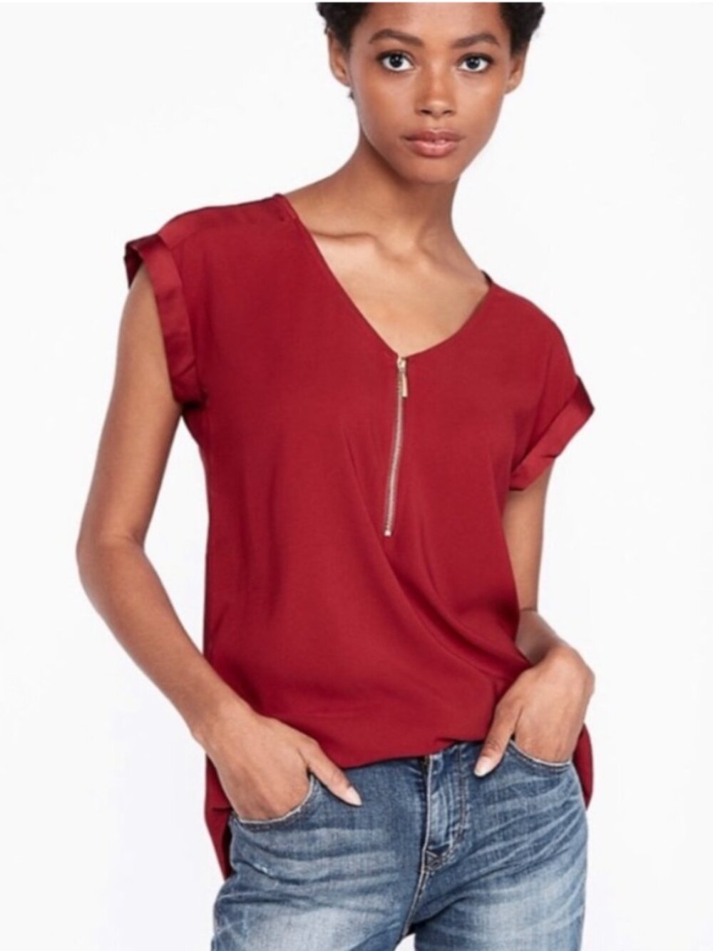 Express red blouse-V-neckline with front zipper